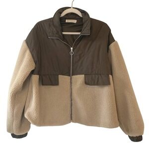 Juliana’s Sherpa Quilted Zip Up Jacket Size Large Tan Green
